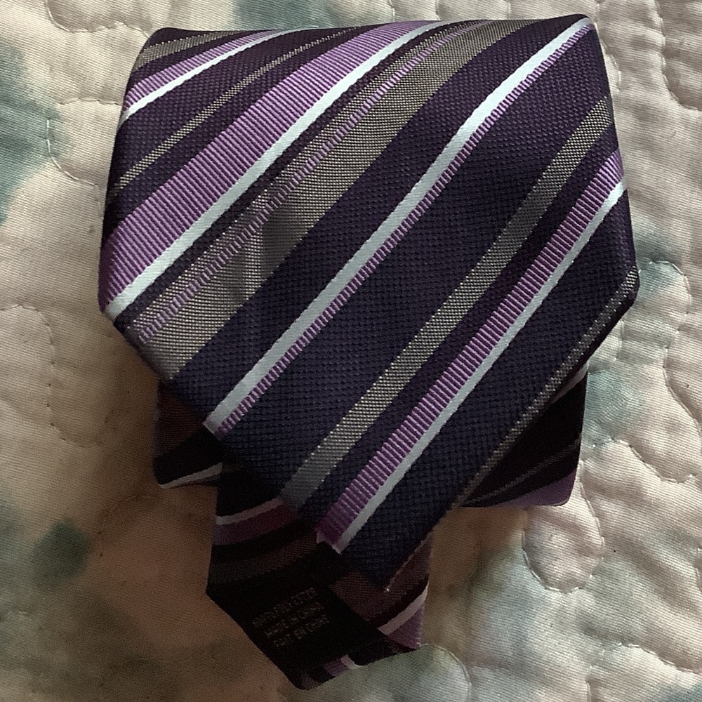 George tie EUC, 59” long dark and light purple silver white diagonal stripes